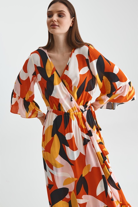 Tatuum, Rochie cu croiala petrecuta si cordon in talie Lenta, Portocaliu mandarina/Albastru