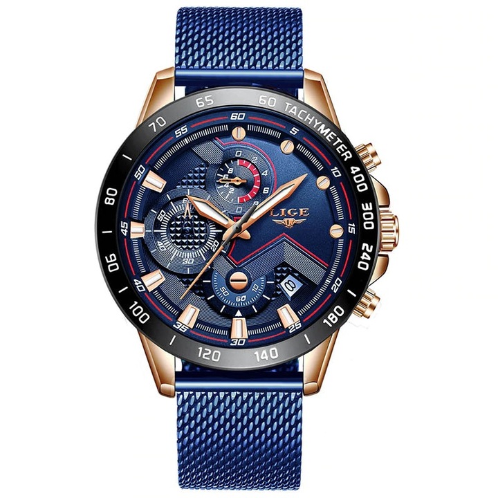 Мъжки часовник Lige Sport Watch, Водоустойчив, Неръждаема стомана, Син / Златист