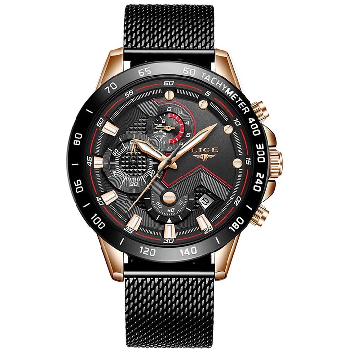 Мъжки часовник Lige Sport Watch, Водоустойчив, Неръждаема стомана, Черен / Златист