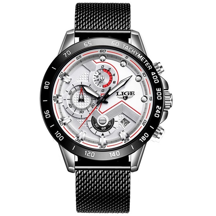 Мъжки часовник Lige Sport Watch, Водоустойчив, Неръждаема стомана, Сребрист / Черен