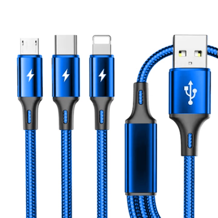 Cablu de date 3n1, HODIY, Nylon, Incarcare rapida, USB-C/Lightning/MicroUSB, 1.2m, Albastru