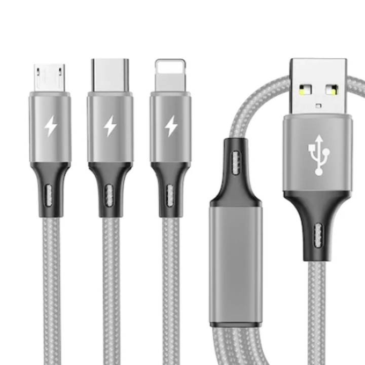 Cablu de date 3n1, HODIY, Nylon, Incarcare rapida, USB-C/Lightning/MicroUSB, 1.2m, Gri
