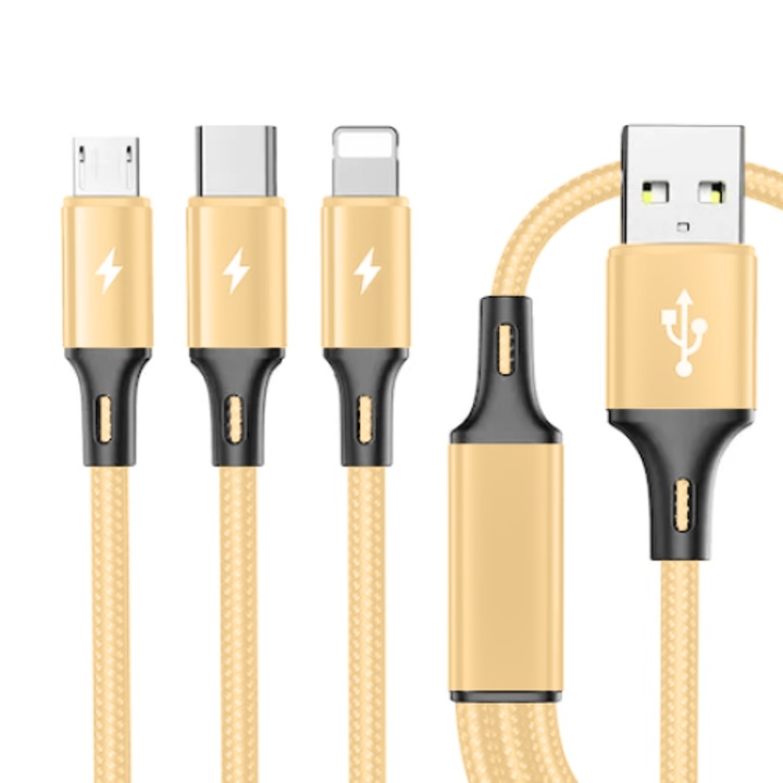 HODIY adatkábel, 3in1, Nylon, gyorstöltés, USB-C/Lightning/MicroUSB, 1,2 m, sárga