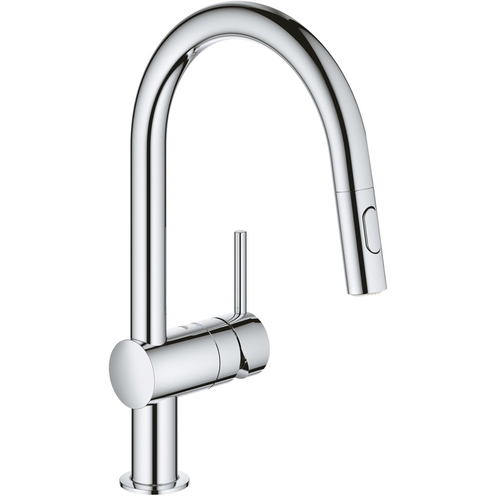 Смесител за кухня Grohe Minta 32321002, 3/8'', Тип C, Висок чучур, Въртящ се, 2 струи, Извличащ се душ, Хром