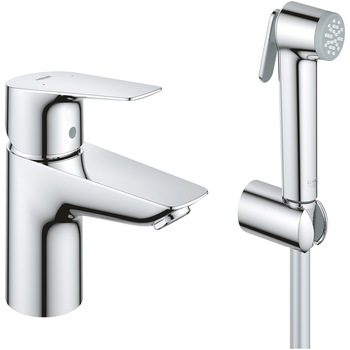 Set baterie lavoar Grohe Start Edge 23773001, 3/8'', marimea S, monocomanda, set dus igienic inclus, 1 pulverizare, Crom