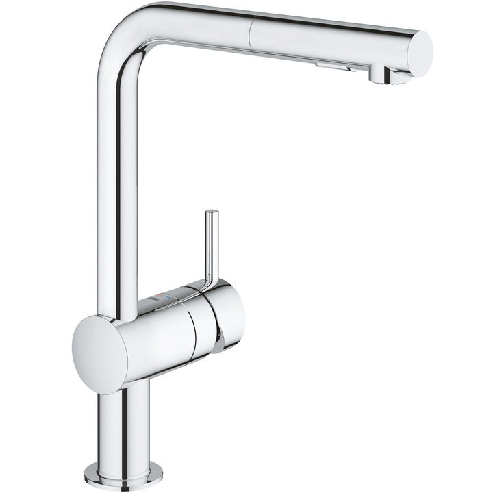 Смесител за кухня Grohe Minta 30347000, 3/8'', Тип L, Висок чучур, Въртящ се, Извличащ се душ, Керамичен патрон, Хром