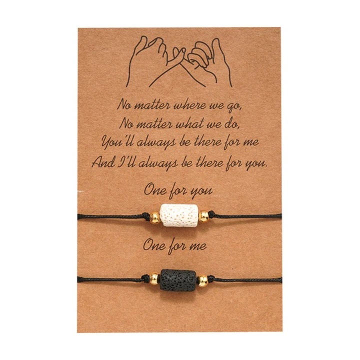 Set bratari cuplu, roca vulcanica semipretioasa alba si neagra, reglabile, din sfoara, negre