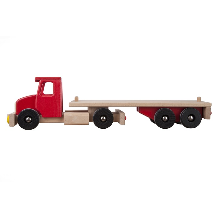 Teherautó nyerges pótkocsival, bükkfa, piros, Lupo, 52 x 10 x 13 cm