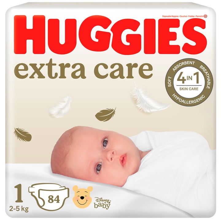 Scutece Huggies Extra Care 1, Mega, 2-5 kg, 84 buc