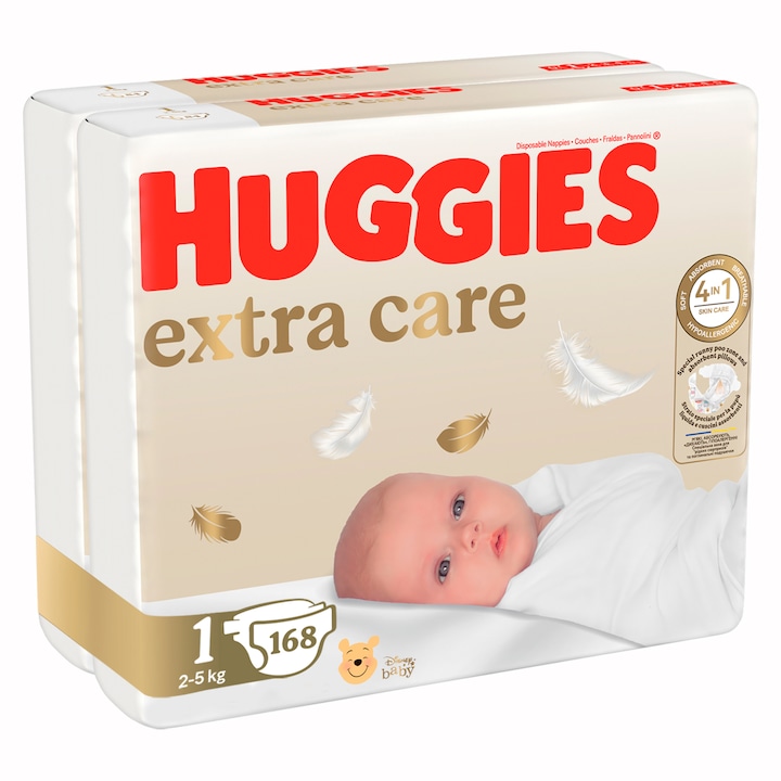 Комплект пелени Huggies Extra Care 1, 2-5 кг, 168 броя
