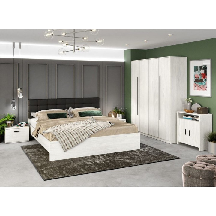Set Dormitor Douglas, C06, Pat 160 x 200 tapitat Negru, 2 Noptiere, Comoda, Dulap 4 usi