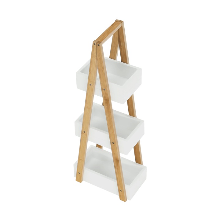 Етажерка Vego, 3 рафта, Естествен бамбук, MDF, 18.5x30x81 см, Бял/Кафяв