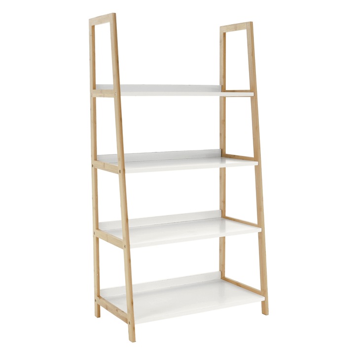 Етажерка 4 рафта в бял мдф и естествен бамбук Koen 63x36x121 см
