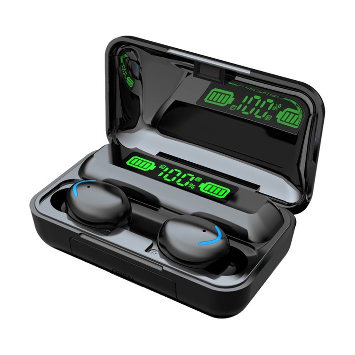 Vezeték nélküli fejhallgató TWS F9-5, Bluetooth 5.0, külső akkumulátor, Hi-fi hang, automatikus párosítás, érintésvezérlés, fekete
