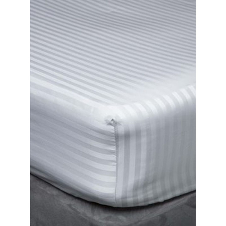 Еластично покривало за легло Kotonia Home Дамаск Сатен с 1см широки ивици, 100% памук, Бяло, 100x200+20 см