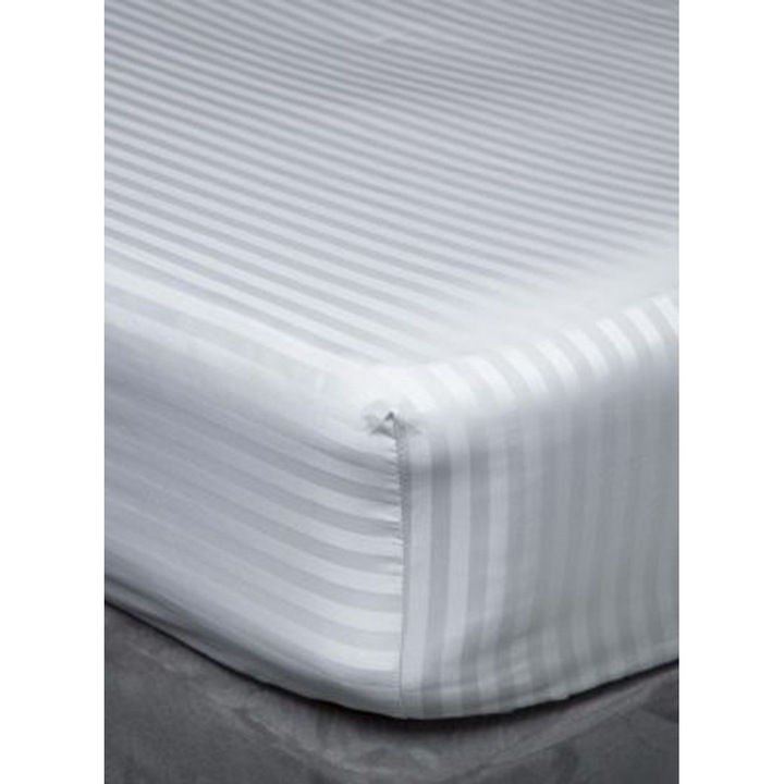 Elasztikus ágytakaró Kotonia Home Damascus Szatén 1cm széles csíkokkal, 100% pamut, Fehér, 160x200+20 cm