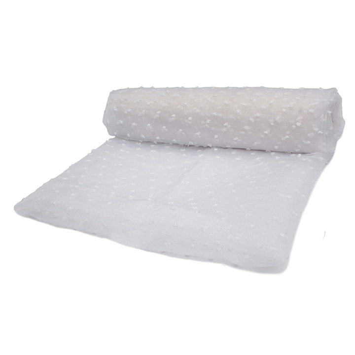 Tesatura organza, fel cu buline brodate, Culoare Alb, dimensiune 50 cm x 150 cm