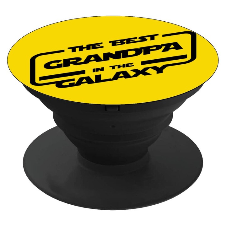 Suport telefon Pop Socket The Best Grandpa, 4x2.5cm, Negru/Galben
