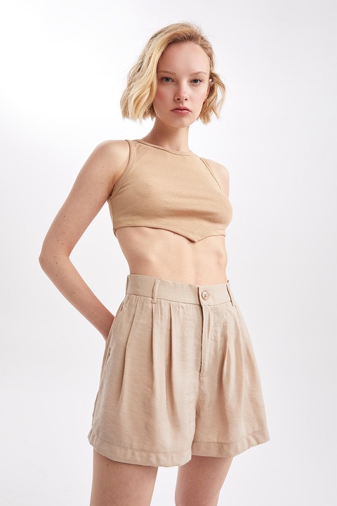 DeFacto, Pantaloni scurti din amestec de modal cu pliseuri, Maro camel, 44