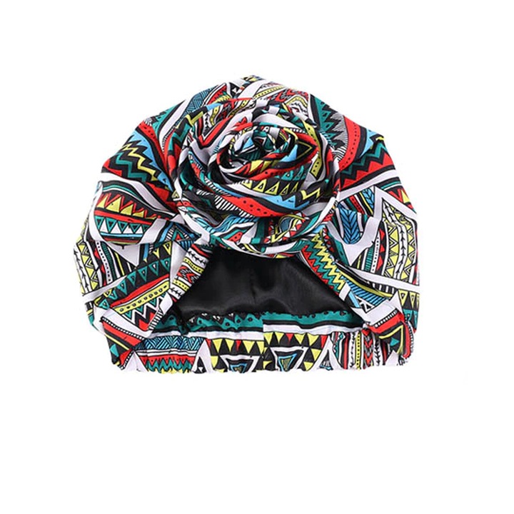 Turban afro din bumbac, model multicolor albastru cu rosu, cu floare