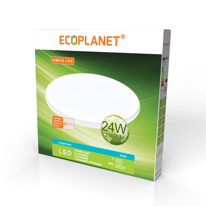 Plafoniera LED Ecoplanet "Simple Life", rotunda D380mm, 24W, 2160LM, lumina rece 6500k, alb