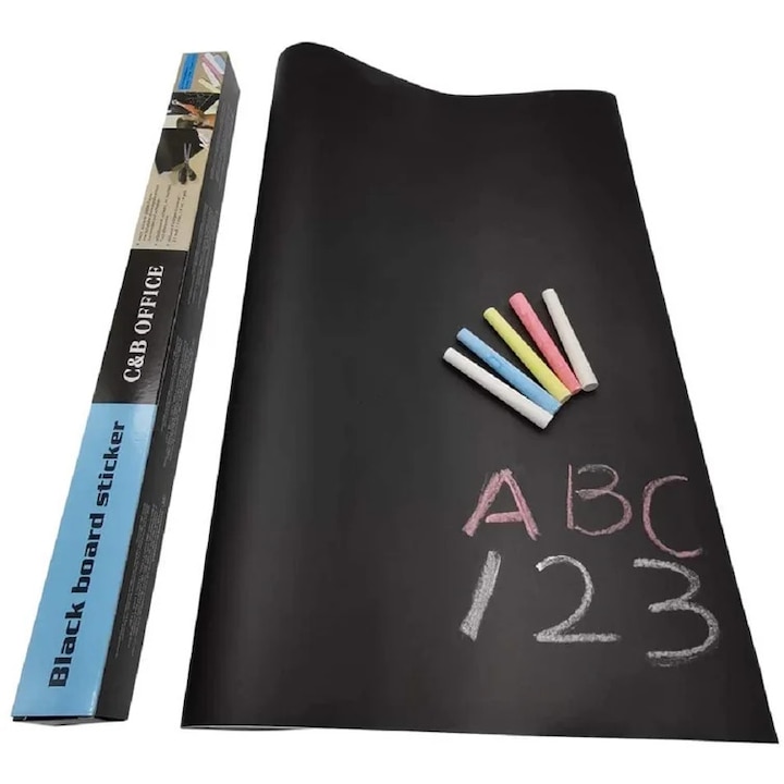 Sticker autocolant decupabil, tip tabla pentru scris, 2 metri x 0,45, culoare neagra, 5 bucati de creta incluse in pachet