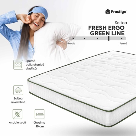 Saltea ortopedica, Prestige, Fresh Ergo Green Line, 190x80x16 cm, Spuma Poliuretanica, Reversibila, Hipoalergenica, Ferma