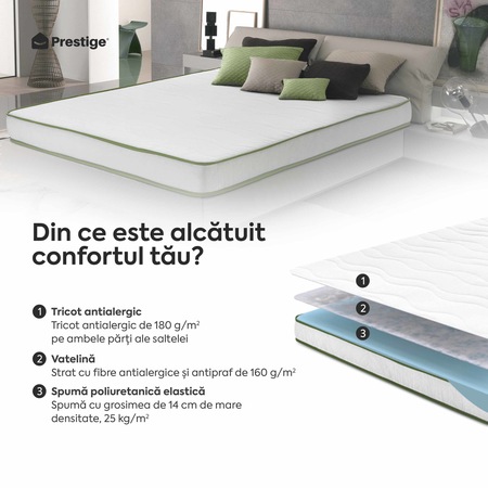 Saltea ortopedica, Prestige, Fresh Ergo Green Line, 190x80x16 cm, Spuma Poliuretanica, Reversibila, Hipoalergenica, Ferma