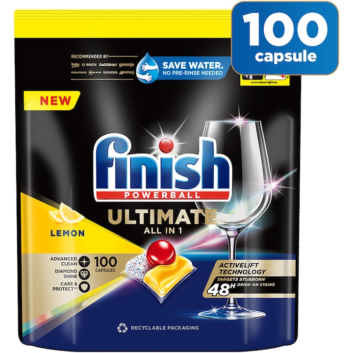 Detergent capsule pentru masina de spalat vase Finish Ultimate All in 1, Lemon, 100 spalari