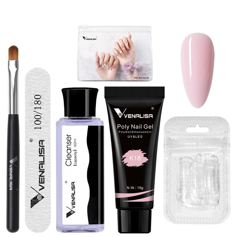 Kit mini polygel, Venalisa, lampa LED 6W, primer, base coat, top coat, polygel, pila carton