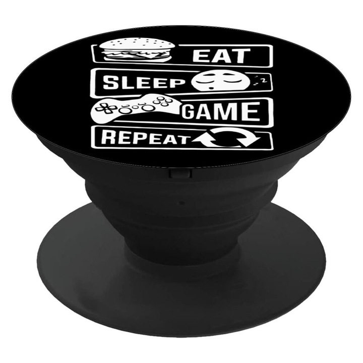 Suport telefon Pop Socket Eat Sleep Game Repeat, 4x2.5cm, Negru/Alb