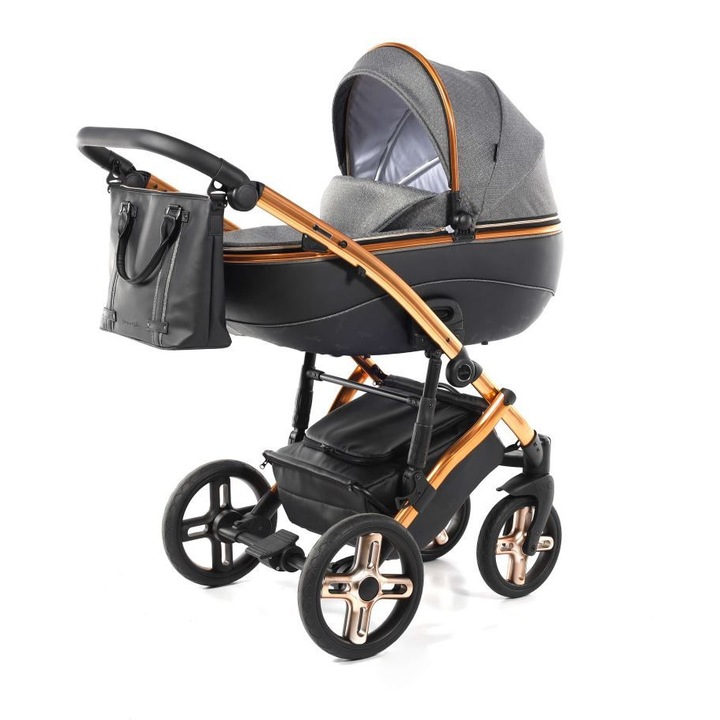 Carucior Bennetta Soft 2n1, Jasmine, Piele ecologica/Aluminiu, Spatar reglabil, Negru/Portocaliu