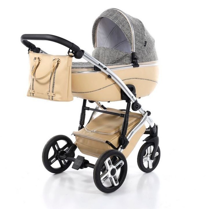 Carucior Bennetta Soft 2n1, Jasmine, Piele ecologica/Aluminiu, Spatar reglabil, Gri/Bej