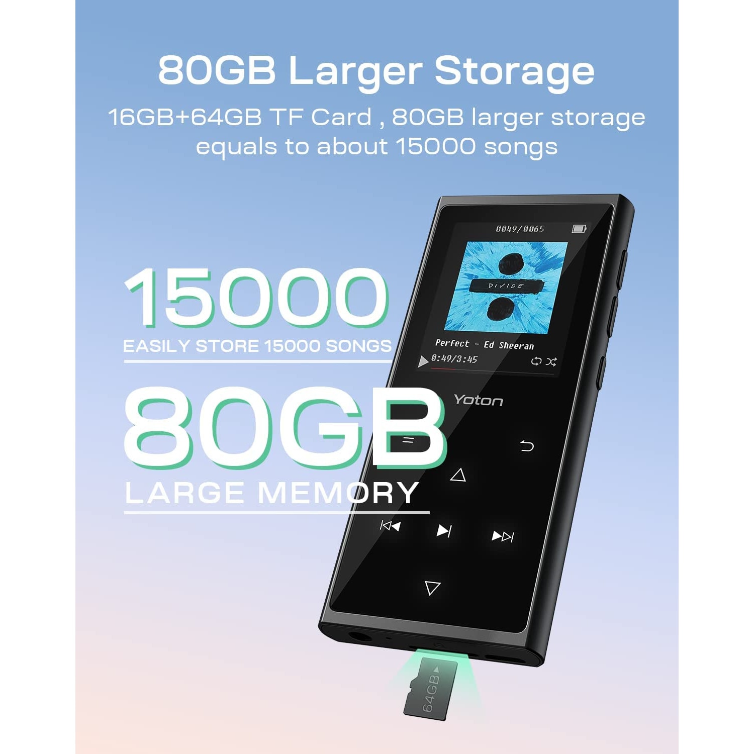 MP3 Player Yoton 16 GB, HiFi, Bluetooth 5.0, cu card de 64 GB inclus