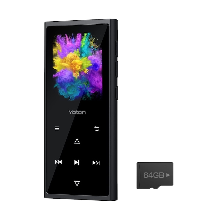 Yoton MP3 lejátszó, 16 GB, HiFi, Bluetooth 5.0, 64 GB-os kártyával, érintőgombokkal, FM rádióval, hangrögzítéssel, lépésszámlálóval, 128 GB-ig támogatja a kártyát