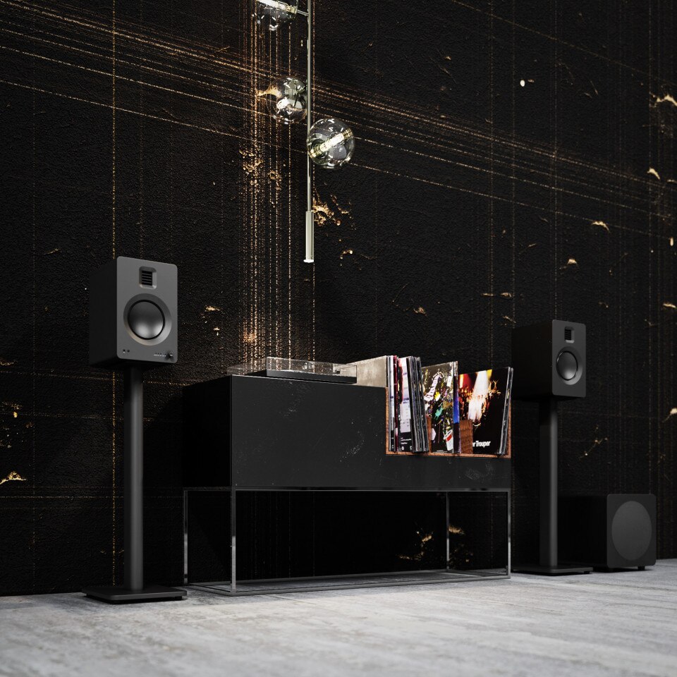 Set 2 Boxe active Kanto TUK Negru Mat, 130W RMS, Bluetooth aptX HD, DAC USB, cu difuzoare din aluminiu