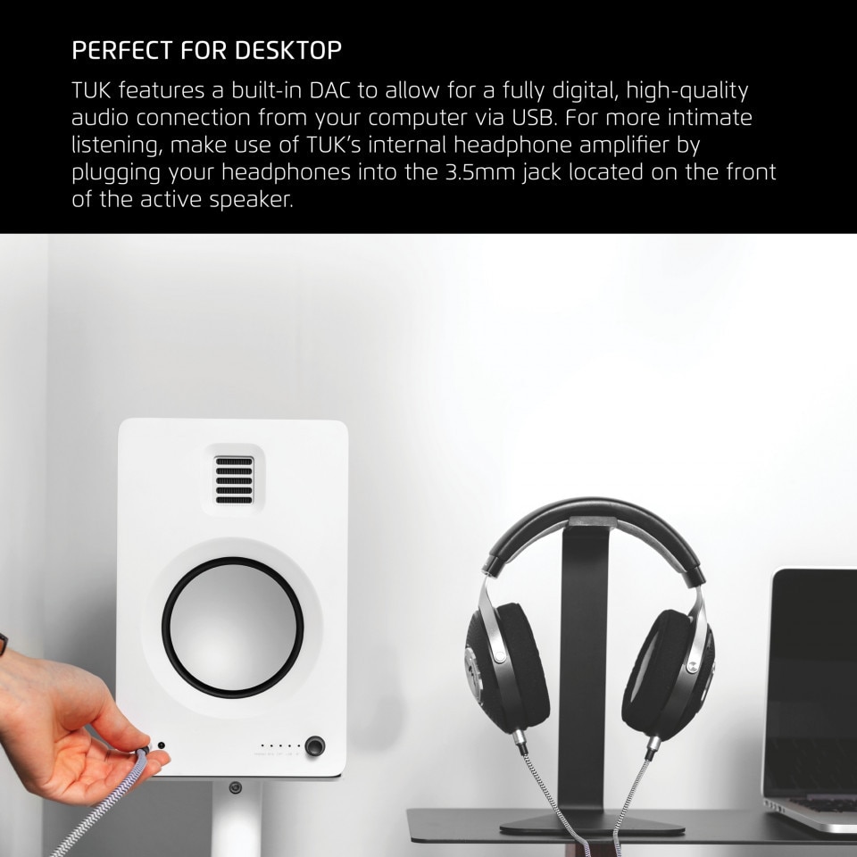 Set 2 Boxe active Kanto TUK Negru Mat, 130W RMS, Bluetooth aptX HD, DAC USB, cu difuzoare din aluminiu