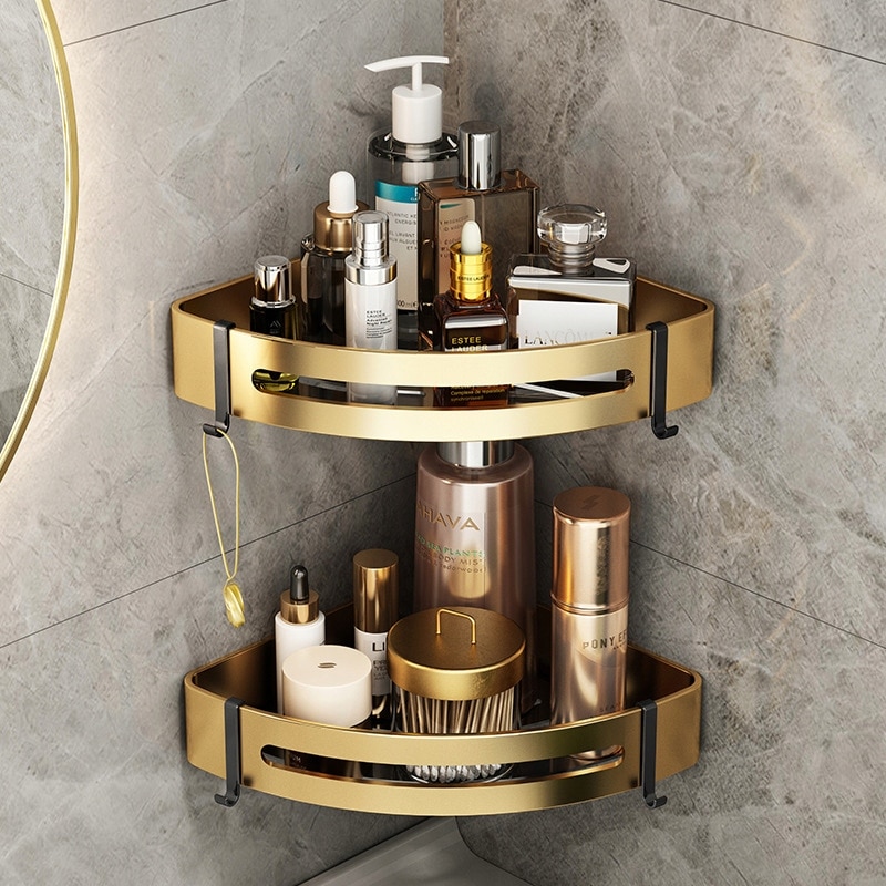 Set 2 rafturi colt baie, Aluminiu, 29x22x5.5cm, Negru/Auriu - eMAG.ro