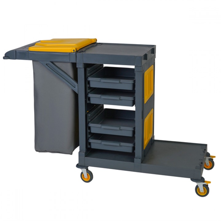 Carucior de curatenie cu sac de gunoi, compartimente pentru galeata si produse de curatat 130x60xh103cm