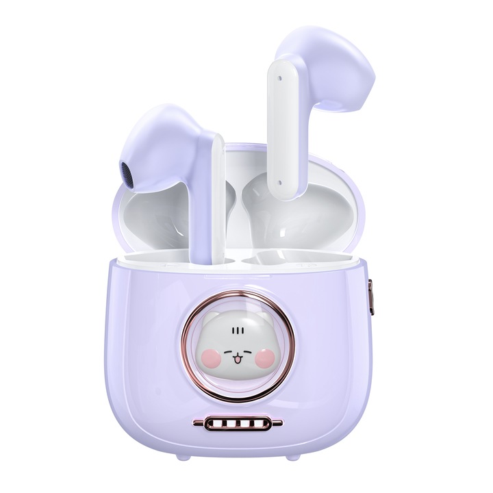 Безжични Bluetooth слушалки, модел коте, с микрофон, хендсфри, сензорно управление, функция за повикване, гласово управление, универсална съвместимост, магнитен калъф, лилав