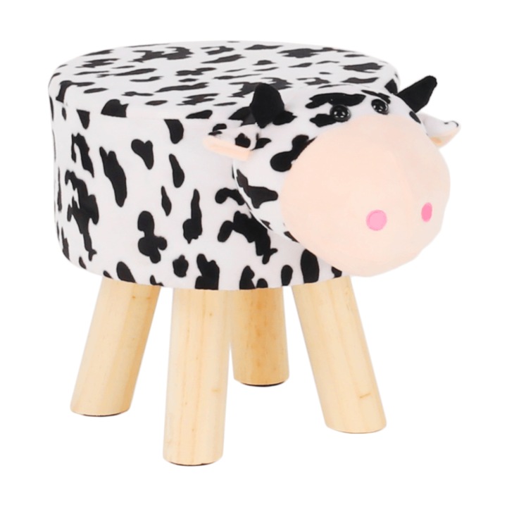 Taburet DacEnergy©, picioarele lemn masiv, tapitat, forma de vacuta, 47x28x31 cm, alb si negru