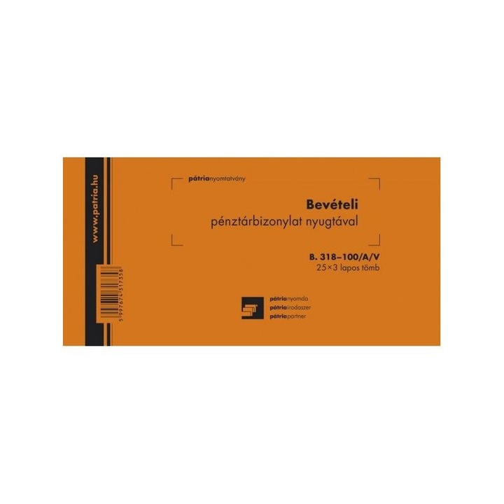 Pátria 501307 B.318-100/A/V 25x3 "Bevételi pénztárbizonylat nyugtával" nyomtatvány