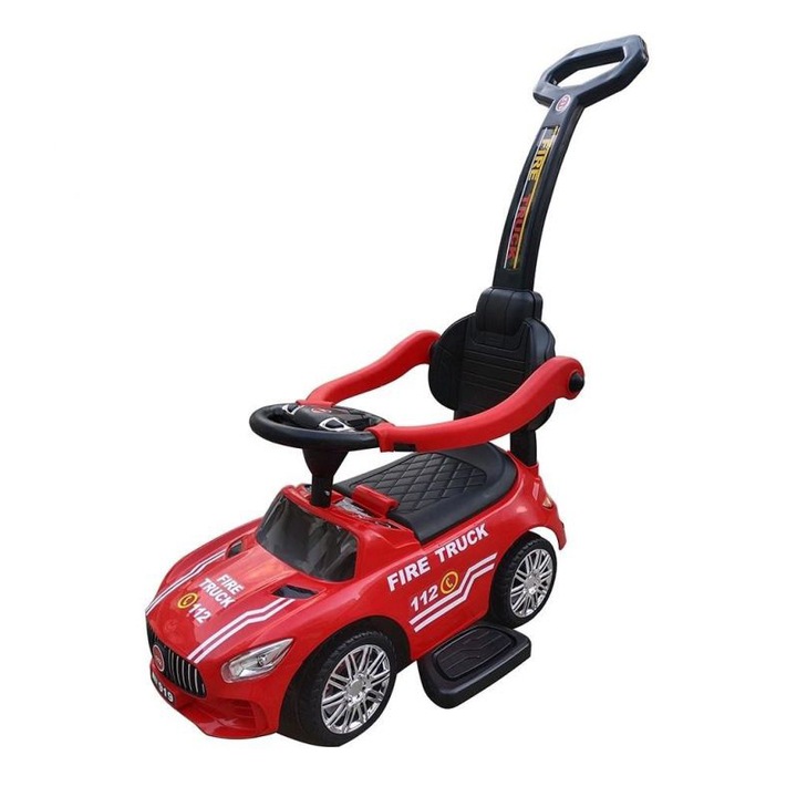 Masinuta premergator pentru copii 12 luni+, pompieri, ride on, cu maner parental, Baby Mix, rosu