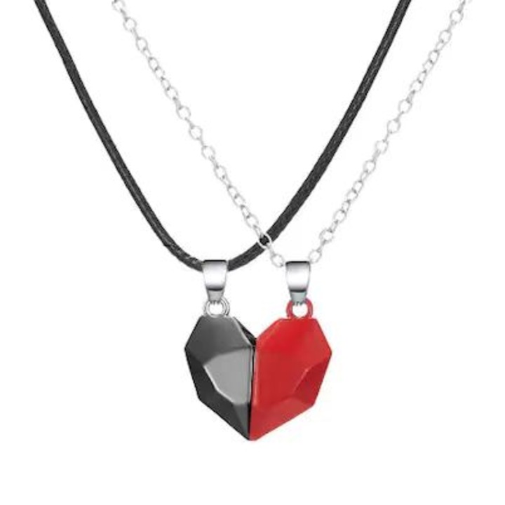 Nevermore nyaklánc készlet szíves medállal, 2 db, mágnessel pároknak, barátoknak, piros feketével