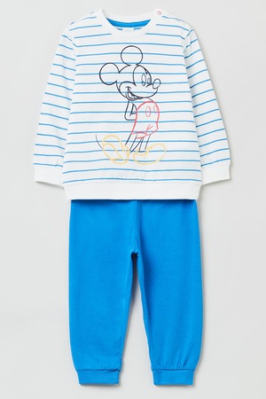 OVS, Памучна пижама с щампа на Mickey Mouse, Бял/Kралско синьо