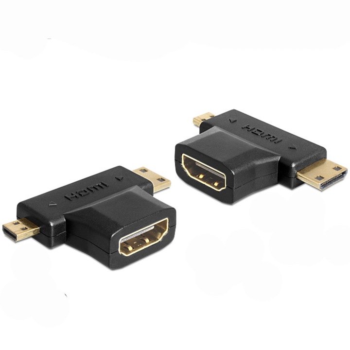 Кабел Delock, HDMI-A женско - HDMI-C + HDMI-D мъжко, Черен