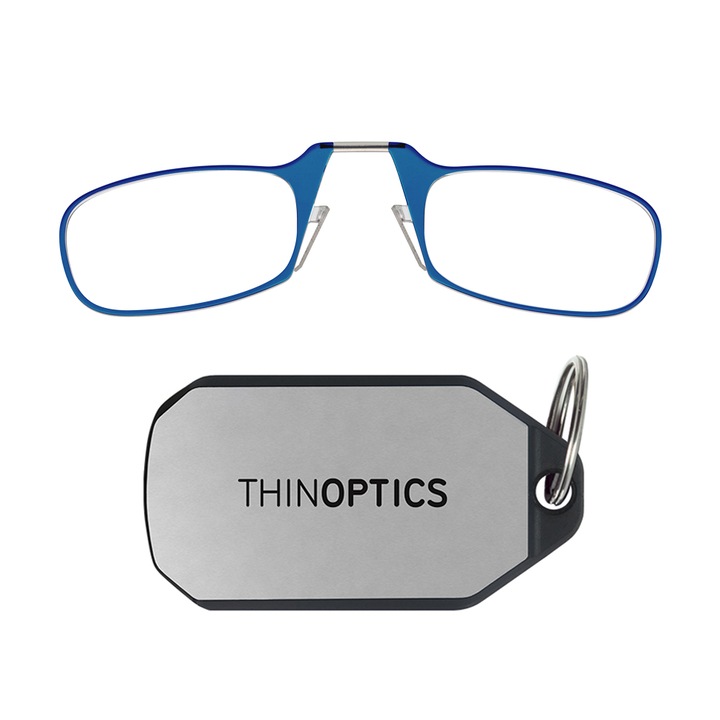 Очила за четене Thinoptics, Без рамена, +1.00, Ултра тънки, Метална кутия за ключове, Приставка за ключове, Син