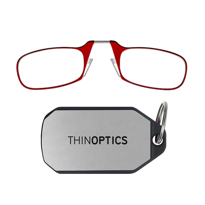 Очила за четене Thinoptics, Без рамена, +1.00, Ултра тънки, С метална кутия за ключове, Приставка за ключове, Червен