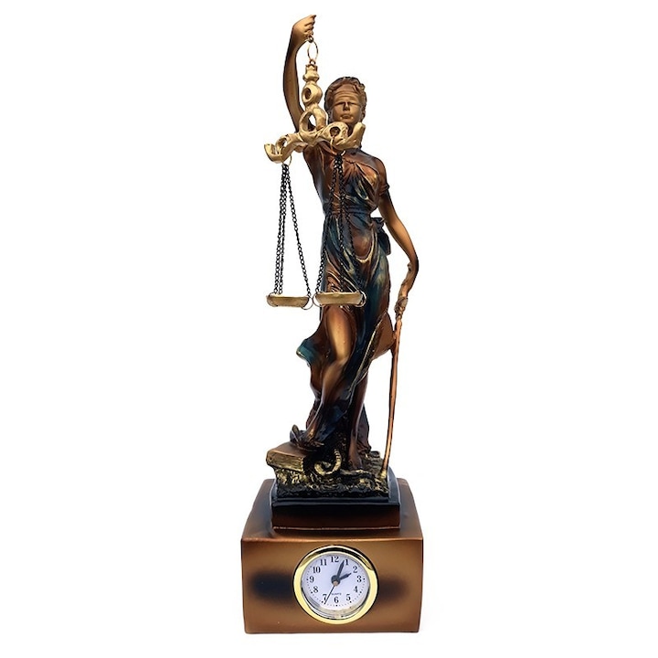 Statueta din rasina reprezentand zeita Justitiei cu ceas de plastic la baza, 10x32 cm