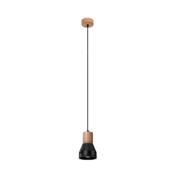 Lampa suspendata Qubic lemn negru/natural beton, cu 1 bec rotund modern de interior